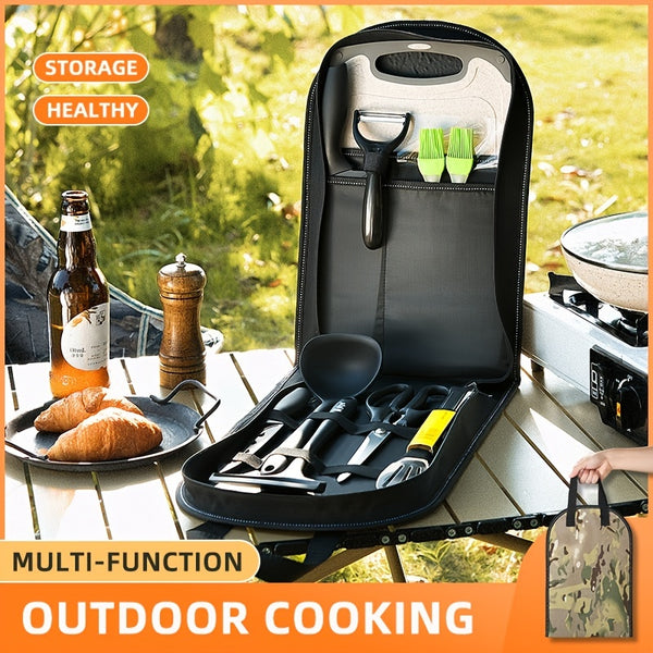 Portable Camping Kitchen Utensil Set, Cookware Kit, Knife Cutting Board Brush, Kitchen Cooking Tools