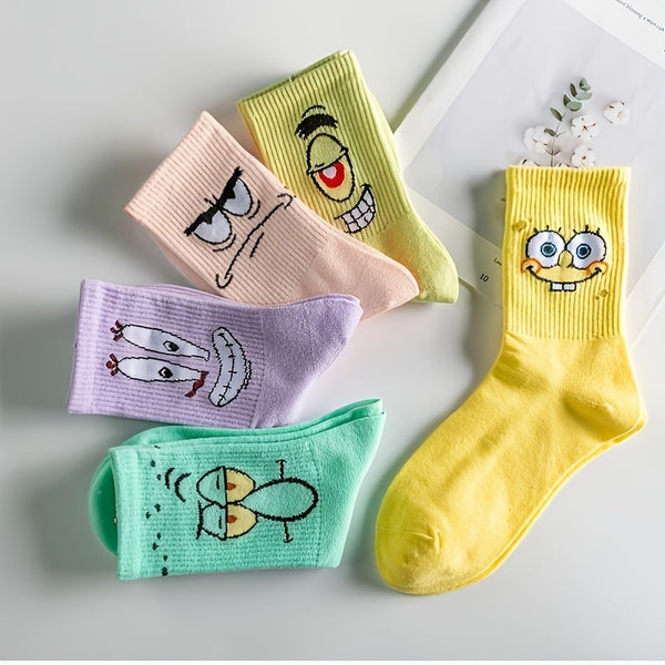 1pair Men's Spongebob Squarepants Breathable Crew Socks