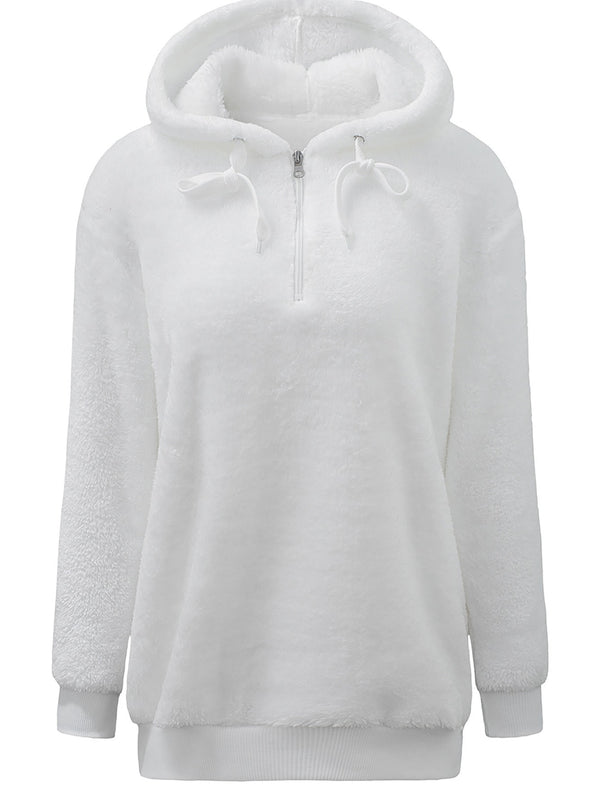 Casual Drop Shoulder Drawstring Teddy Hoodie, Women's Solid Long Sleeve Half Zipper Sweatshirt Top