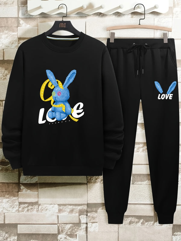 Men's Toy Rabbit Print Sweatshirt & Drawstring Waist Sweatpants For Big And Tall Guys, Plus Size