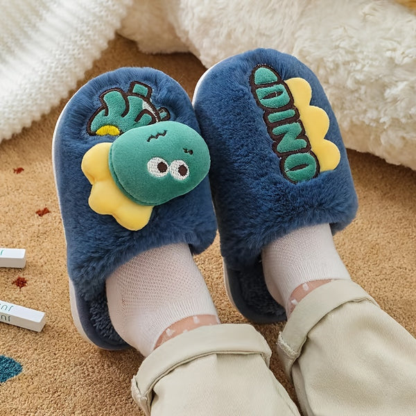 Boys Girls Plush Slippers,  Anti-slip Indoor Slides With Dinosaur Design Winter New