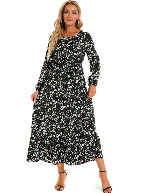 Bohemian Flowy Ruffle Long Dress, Casual Floral Print Long Sleeve Crew Neck Waist Long Dresses, Women's Clothing