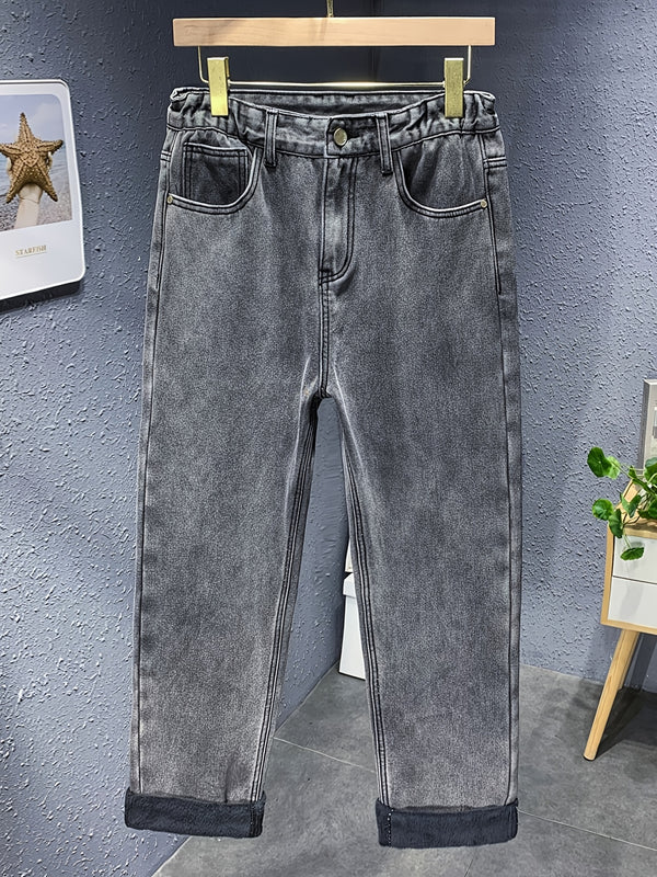 Plus Size Men's Warm Fleece Lining Loose Straight Jeans, Wide Leg Jeans For Big And Tall Guys