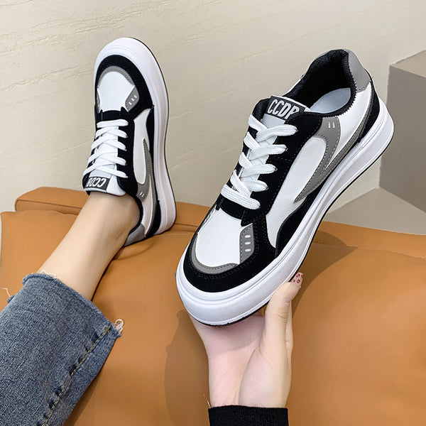 Black & White Low Top Sneakers, Casual Platform Skate Shoes For Every Day, Women's Footwear