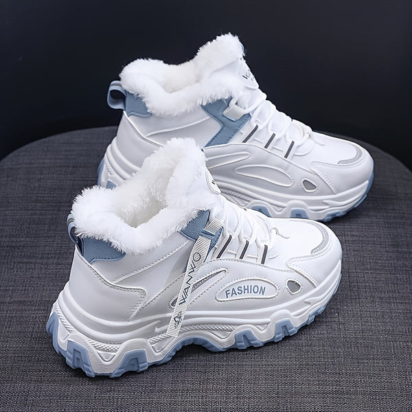 Women's Casual Sneakers, Color-block Thick Sole Chunky Sneakers, Warm Plush Lined Anti-slip Running Shoes