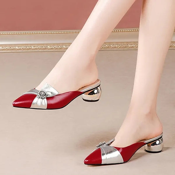 Women's Low Heel Slide Sandals, Color-block Rhinestone Decor Slippers