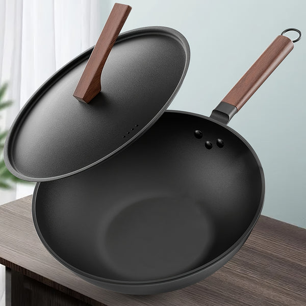 1pc Nonstick Wok Carbon Steel Wok Pan With Lid Woks & Stir-Fry Pans No Chemical Coated Wok With Spatula Flat Bottom Cookware Chinese Wok For Induction Electric Gas All Stoves 13-inch 5.88lb