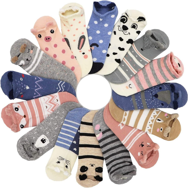 16pairs Women's Funny Cute Cartoon Stereoscopic Animals Ear Plush No Show Boat Socks