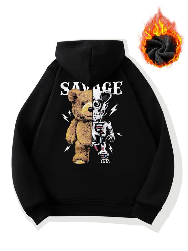 Men's Black Patchwork Bear Print Fleece Thermal Drawstring Hoodie Long Sleeves Trendy Simple For Autumn/Winter