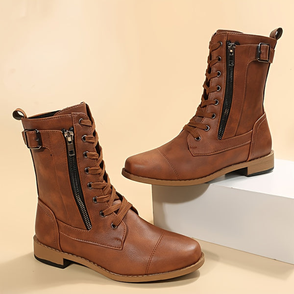 Side Zipper Lace-up Boots, Round Toe Buckle Decor Combat Boots, Fall & Winter Fashion Boots