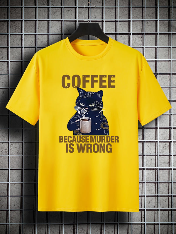 Men's Plus Size 'COFFEE BECAUSE MURDER IS WRONG' Cat Drinking Coffee Print Plain Color Short Sleeve Crew Neck T-shirt, Oversized Casual Clothing For Big And Tall Guys