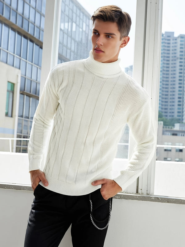 Men's Turtleneck Rib Knit White Sweater