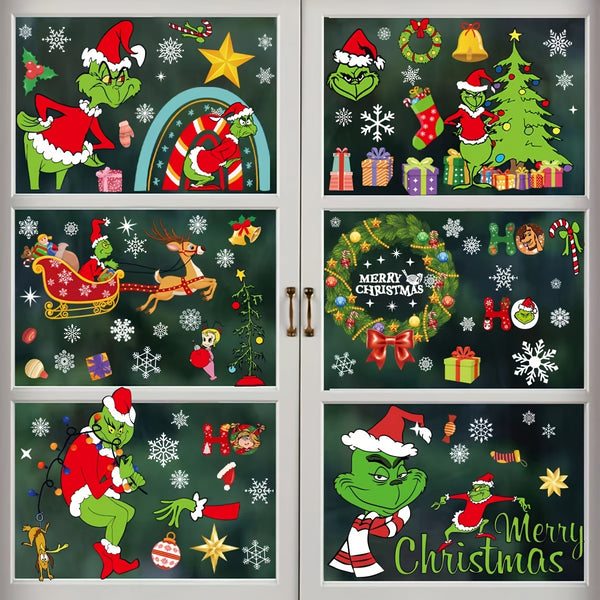 1/2/8pcs Christmas Grinch Window Stickers, Window Clings For Christmas Decorations, Double-Sided Christmas Decorations Decals, Window Stickers, Party Supplies For Christmas Holiday New Year Eve Home School Office