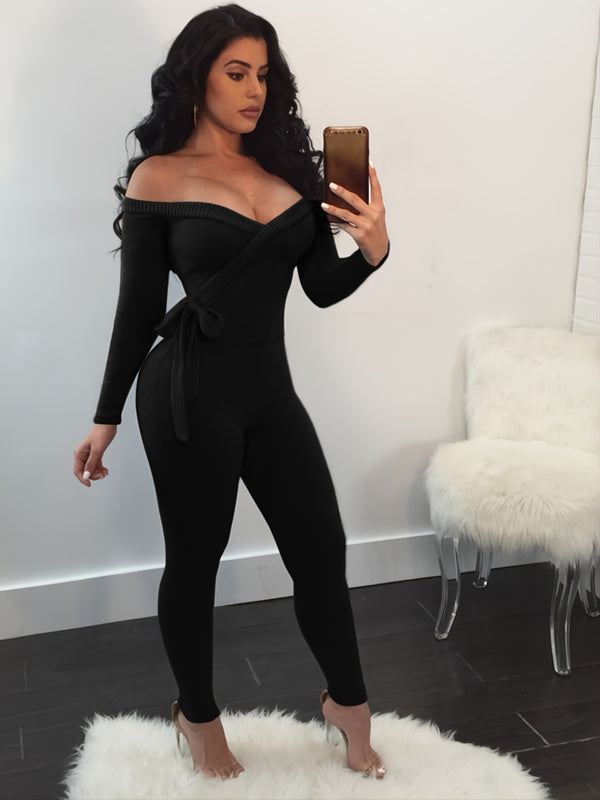 Sexy Deep V Jumpsuit, Casual Solid Long Sleeve Lace Up Waist Jumpsuit, Women's Clothing