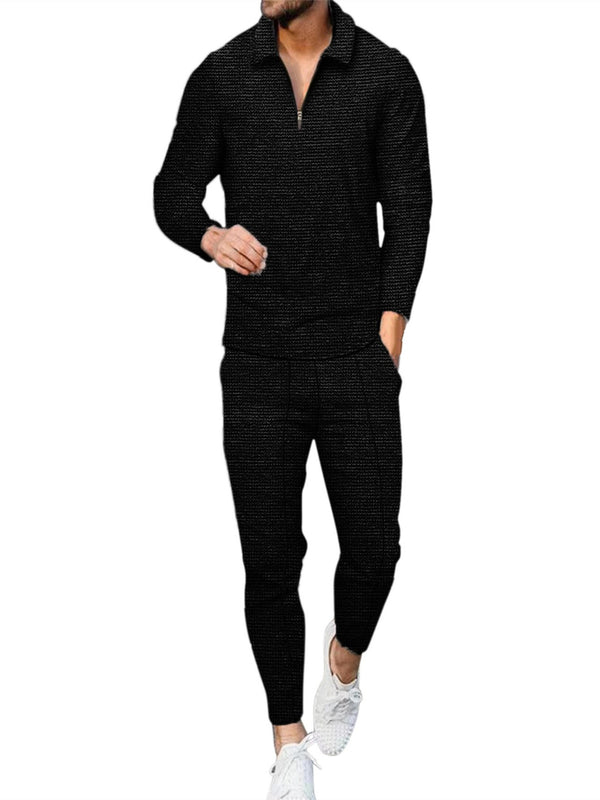 Men's Black Lapel Long Sleeve Polo Suit Plus Pants 2 Piece Set Sweatshirt Hoodies Christmas Gifts