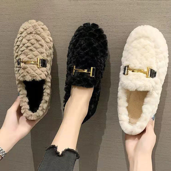 Women's Plush Slip-on Loafers, Metal Decor Flat Shoes, Thermal Cotton Shoes