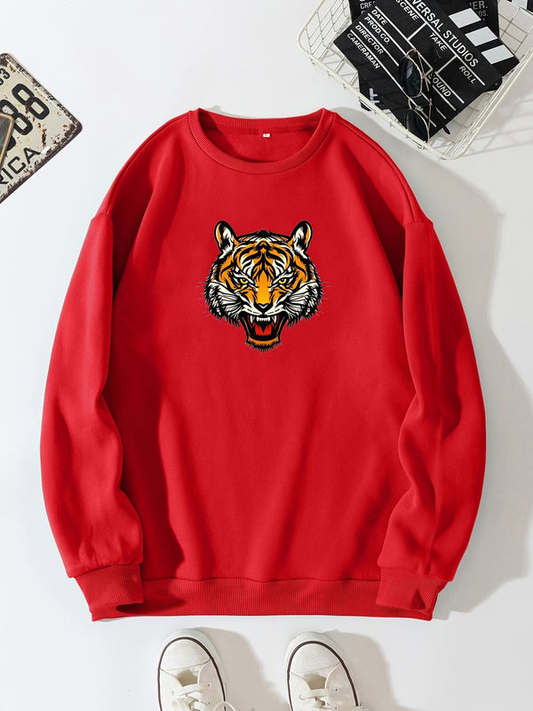 Plus Size Men's Chinese Style Tiger Graphic Pullover Tops, Crewneck Sweatshirt For Big And Tall Guys