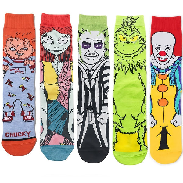 5pairs Men's Novelty Crew Socks, Horror Movie Character Printed Socks For Adult Scary Horror Gift