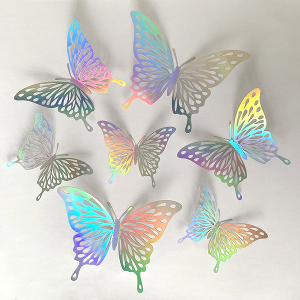 12pcs 3D Colorful Hollow Butterfly Stickers, Wall Stickers Made Of Silver Paper, Wall Decorations For Living Room And Bedroom, Creative Self-adhesive Wall Stickers