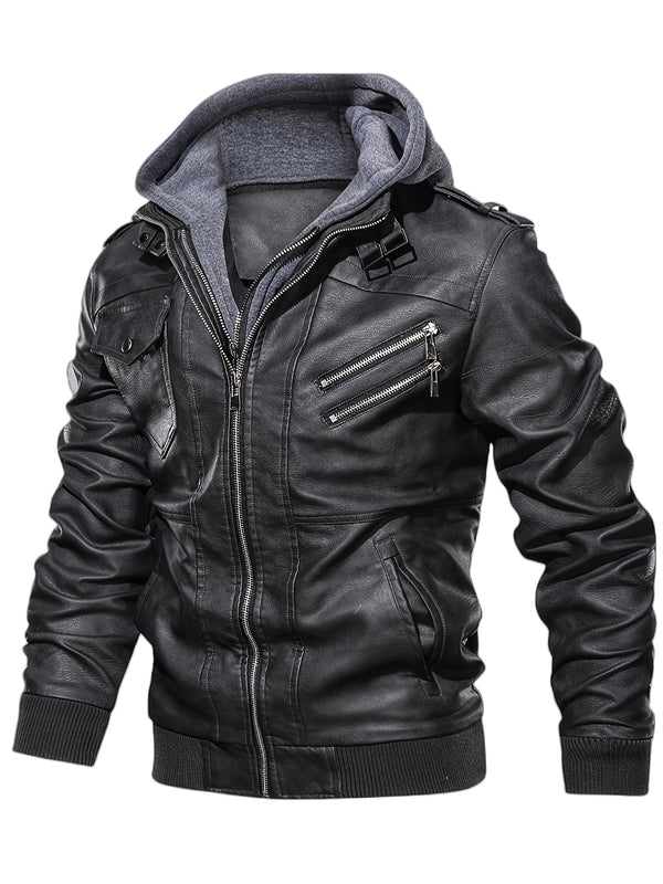 Men's Plus Size Faux Leather Zipper Hooded Jacket, Men's Clothing With Pockets, For Big And Tall Guys