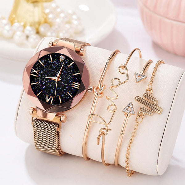 Mesh Strap Quartz Watch + Cactus Bracelet Set