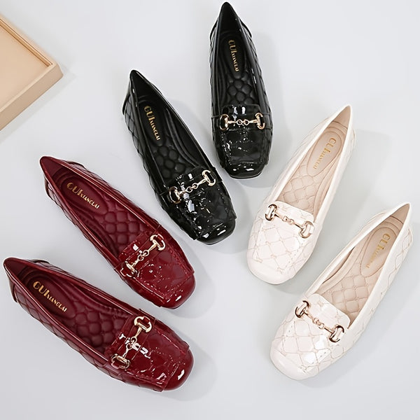 Women Chain Decor Flat Shoes, Fashion Solid Color Flats, Soft Sole Faux Patent Leather Flat Loafers, Women's Footwear