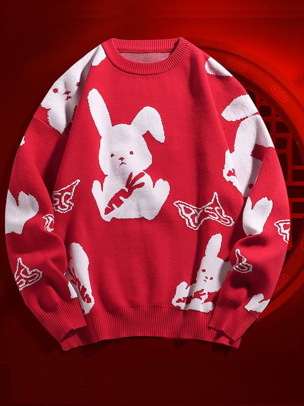 Men's Plus Size Rabbit Pattern Anti-pilling Antistatic Crew Neck Pullover Sweater, Long Sleeve Clothing For Autumn Winter, For Big And Tall Guys