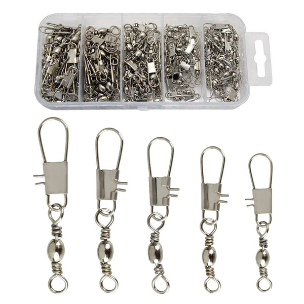 100pcs/box Fishing Rolling Ball Bearing Barrel Swivel With Safety Snap Connector Rings Fishing Accessories #2 #4 #6 #8 #10