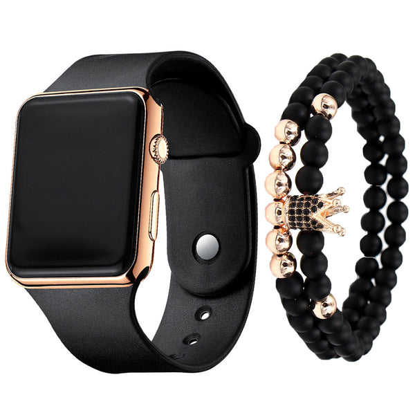 Square Silicone Digital Watch + Crown Bracelet 2pcs/set Fancy Women Watches Jewelry Sophisticated And Stylish Women Watch