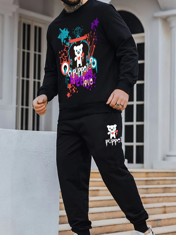 Men's Cartoon Print Sweatshirt & Sweatpants For Big And Tall Guys, Plus Size