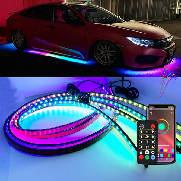 4Pcs Car Neon Accent Strip Lights, RGBIC Sound Active Function Music Mode With Wireless Remote Control Underbody Light Strips For Car Van SUV Truck