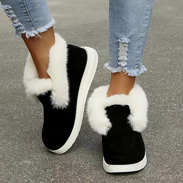 Women's Snow Shoes, Warm Faux Fur Trim Thermal Winter Shoes, Slip-on Flat Ankle High Snow Boots, Women's Footwear