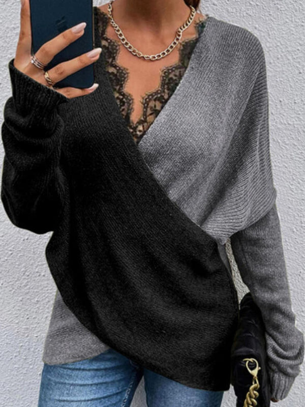 Women's Sweater Casual Colorblock V-Neck Long Sleeve Loose Fall Winter Sweater