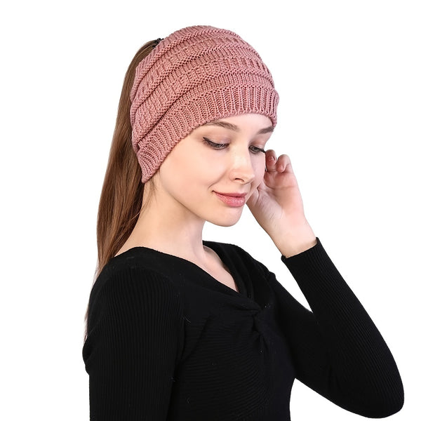 Ponytail Beanie Hat For Women, Solid Color Stretchy Knitted Crochet Beanies Hat Cap