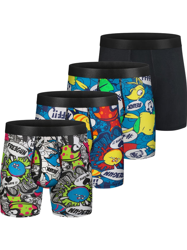 4pcs Men's Comic Monster Cartoon Pattern Cotton Boxer Briefs Underwear