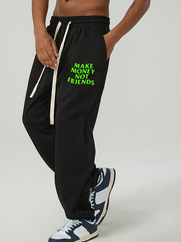 Men's Plus Size "Make Money Not Friends" Fleece Warm Drawstring Sweatpants, Casual Pants For Big And Tall Guys