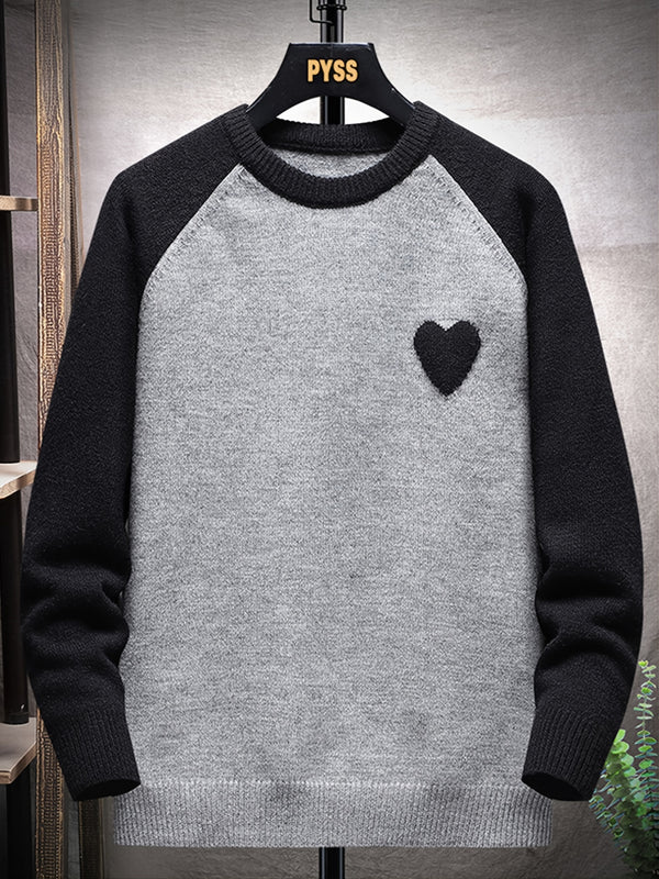 Men's Plus Size Heart Pattern Color Block Anti-pilling Antistatic Crew Neck Pullover Sweater, Long Sleeve Clothing For Spring Autumn Winter, For Big And Tall Guys