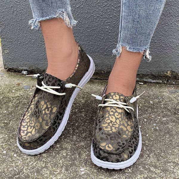 Women's Leopard Pattern Canvas Shoes, Slip-on Lace-up Casual Shoes