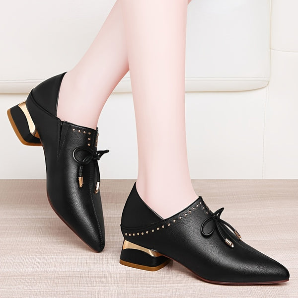 Women's Chunky Heel Bow Tie Oxfords, Solid Color Non Slip Lightweight Pointed Toe Slip On Shoes, Faux Leather Footwear