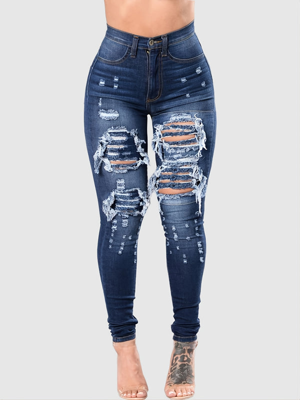 Navy Blue Ripped Holes Skinny Leg Jeans, Distressed Skinny Denim Pants, Women's Clothing & Denim