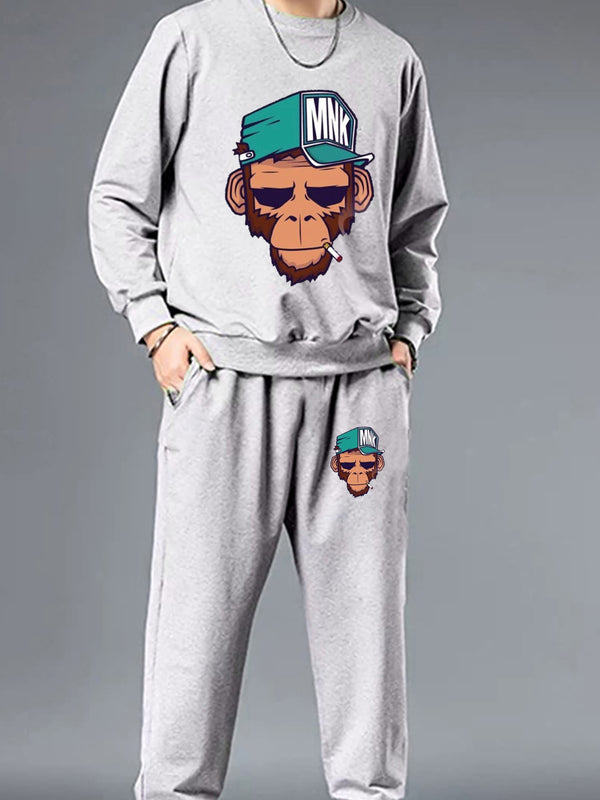 Men's Cartoon Print Sweatshirt & Sweatpants For Big And Tall Guys, Plus Size