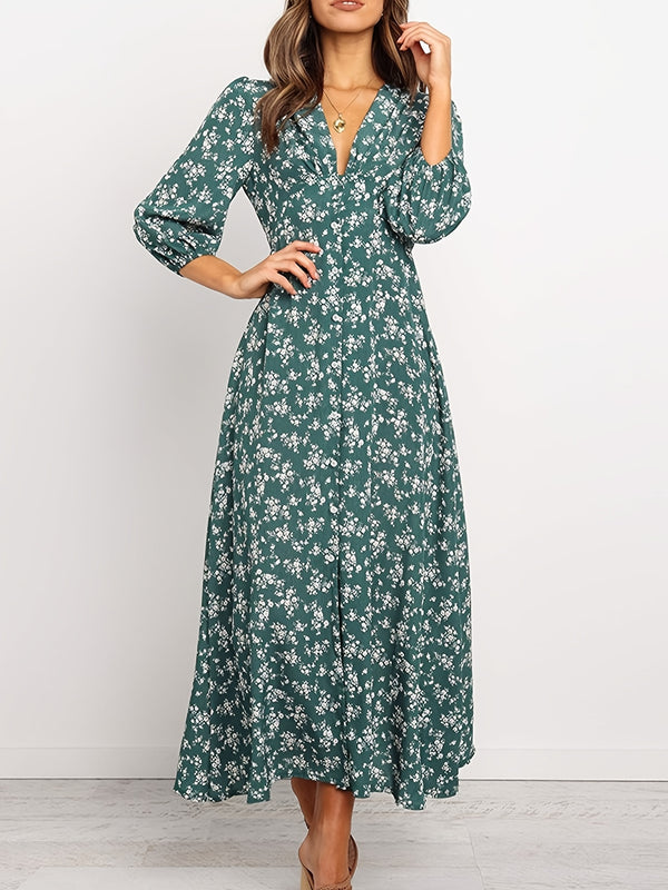 Vintage Ditsy Floral Lantern Long Sleeve Dress, Button High Waist Dresses, Women's Clothing