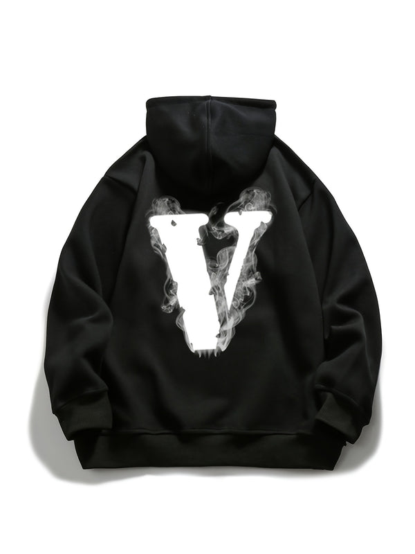 "V" Letter Print Hoodie, Fleece Pullover Drawstring Kangaroo Pocket Active Hooded Sweatshirt, Women's Sweatshirts