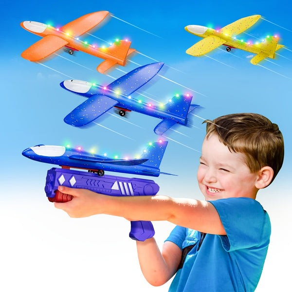 4-Pack Airplane Toys With Launcher, Kids Toys For 3-12 Years Old Boys And Girls Birthday Gifts, 12.6 Inch 2 Flight Modes Toddler LED Foam Glider For Outdoor Playing