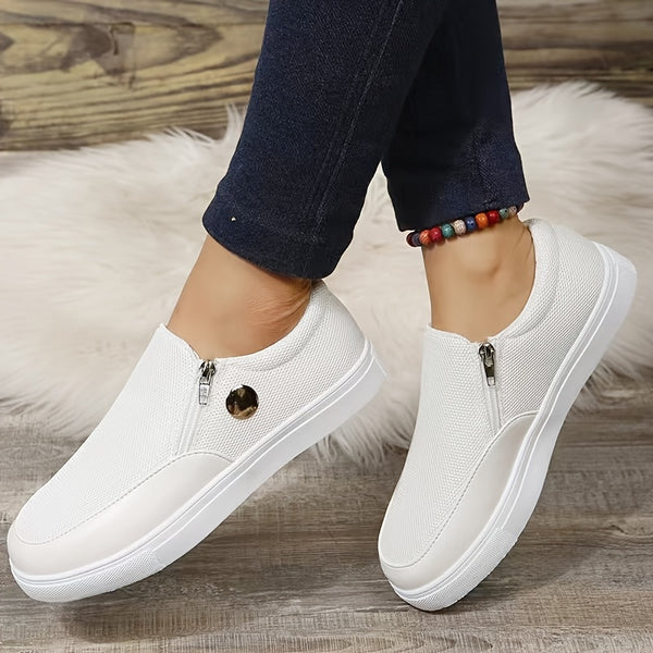 Women's Loafers, Lightweight Breathable Zip Decor Casual Shoes, Solid Color Comfortable Slip-on Flat Shoes