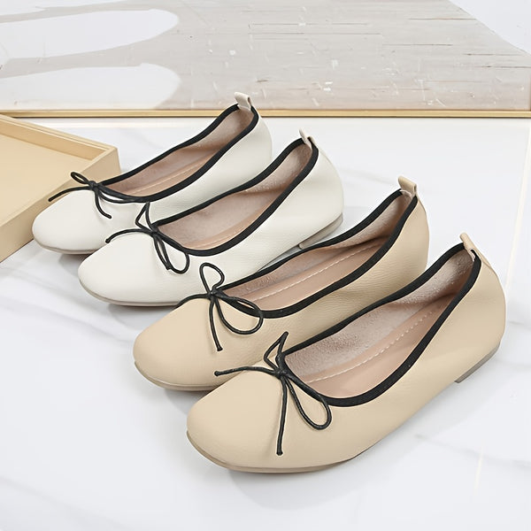 Soft Women's Flat Shoes, Bow Decor Square Head Ballet Shoes