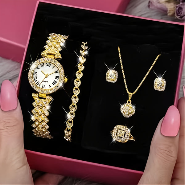 Rhinestone Watch + Jewelry Set 6pcs/set Fancy Women Watches Jewelry Sophisticated And Stylish Women Watch