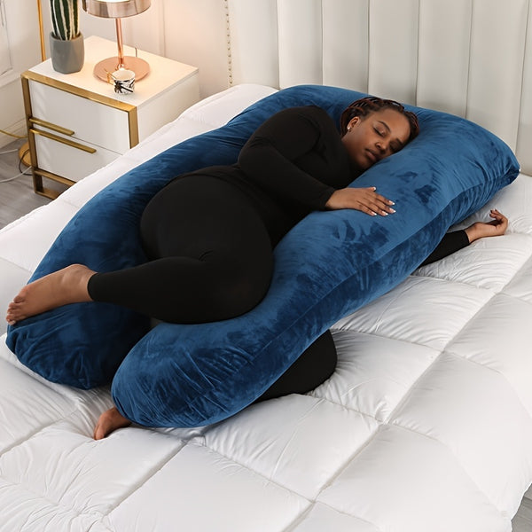 Velvet U-shaped Maternity Pillow, Dark Blue Waist Side Sleep Pillow Push Up