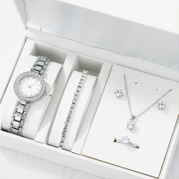 Quartz Watch Stainless Steel Strap 1pc +5pcs Rhinestone Jewelry Women Watch Jewelry Set