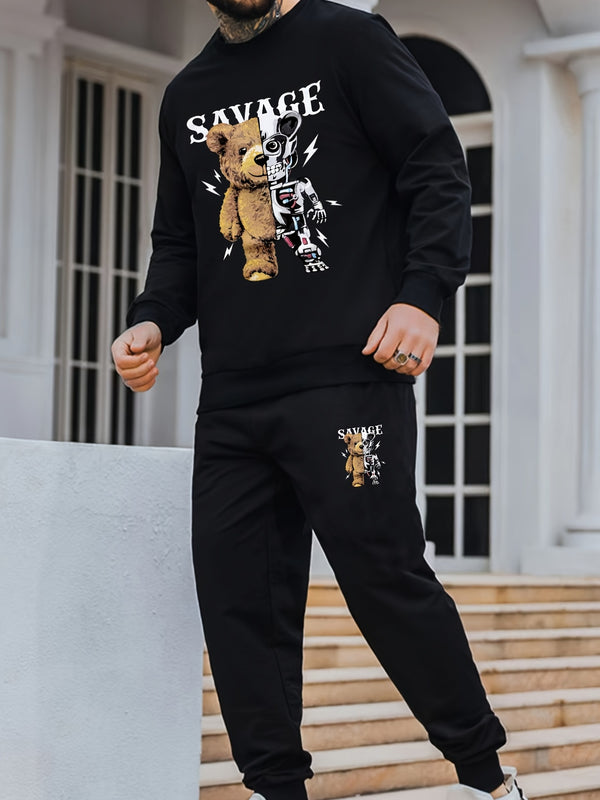 Men's Bear Funny Print Sweatshirt & Sweatpants For Big And Tall Guys, Plus Size